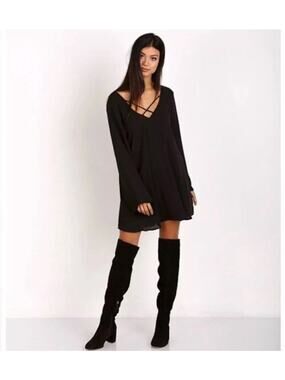 Show Me Your Mumu Womens S Black Joni Mini Flow Dress Boho Long Sleeve Lined